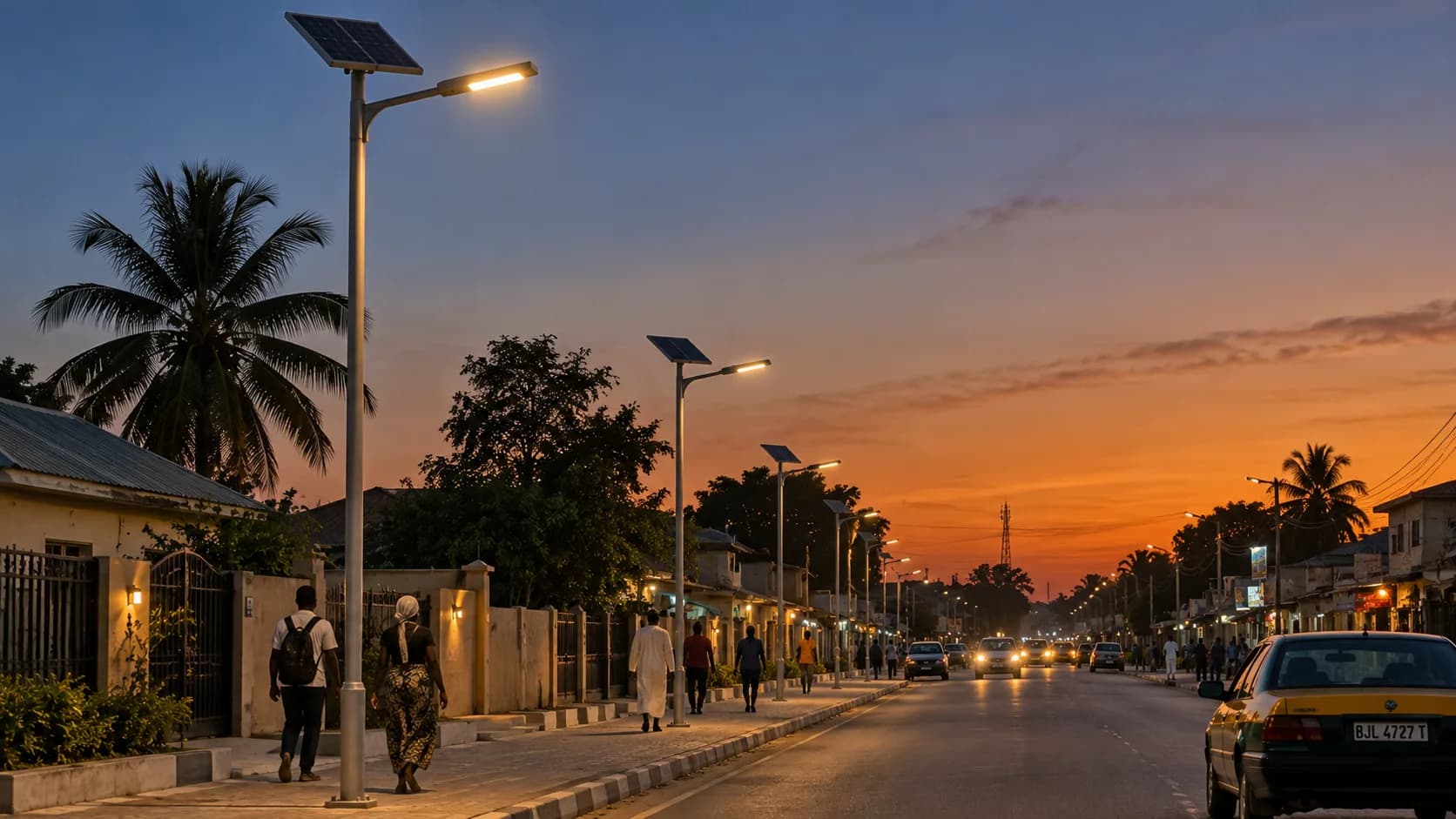Town street at dusk lined with solar-powered street lights, with pedestrians on the pavement and cars on the road