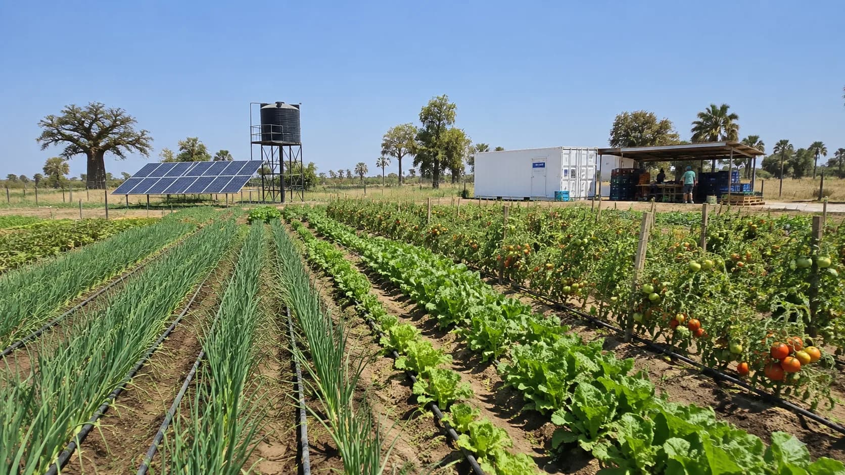 Rows of onions, lettuce and tomatoes on drip irrigation lines, with a solar array, raised water tank and white cold-storage container behind