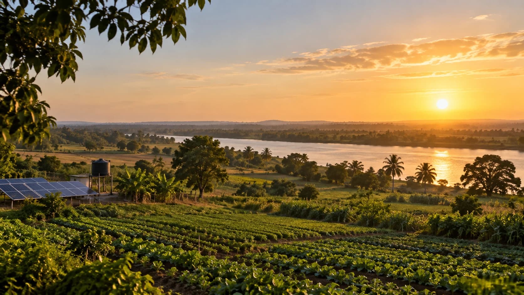 Sunrise over agricultural fields and river landscape in The Gambia, with solar panels powering irrigated crops