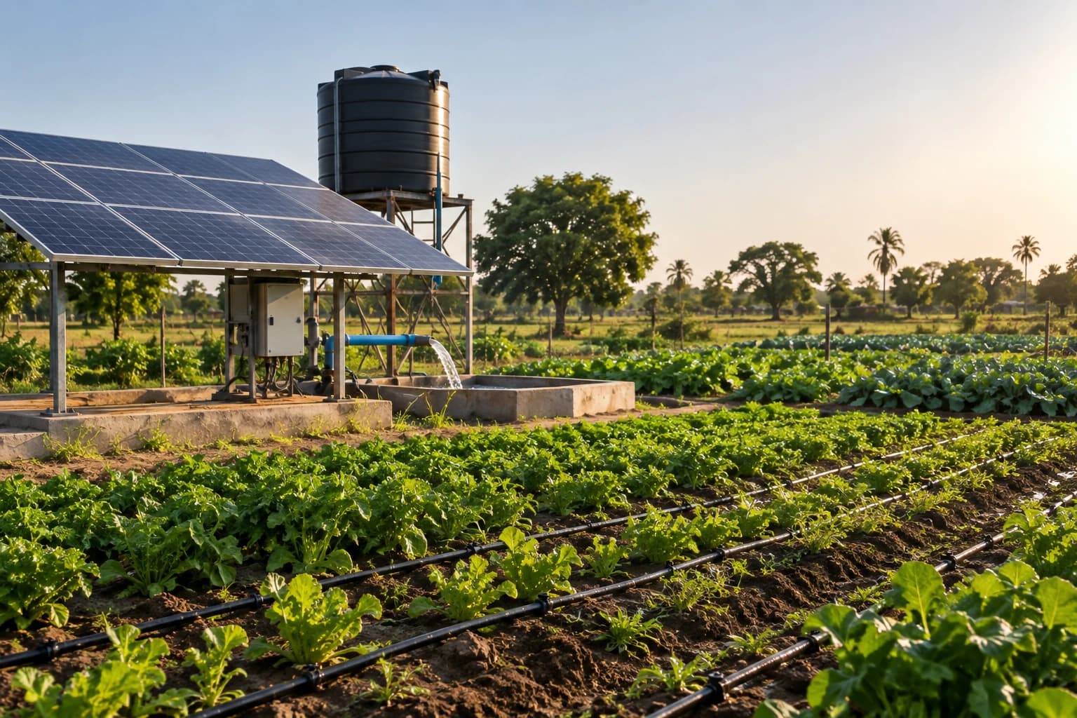 Solar-powered water pump feeding a drip irrigation system across farmland